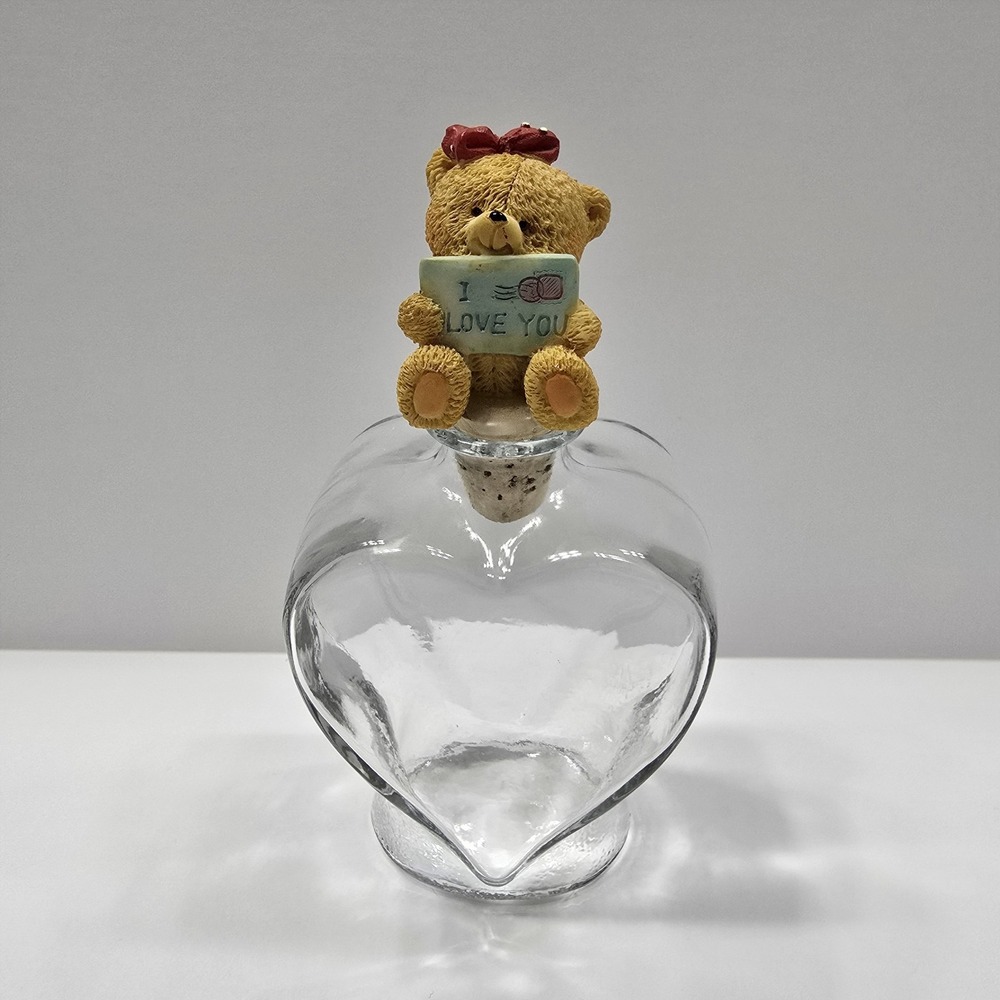 Heart Shaped Glass Jar Favor‎ Bottle with " I  LOVE YOU" Bear on Cork 7.5" Tall